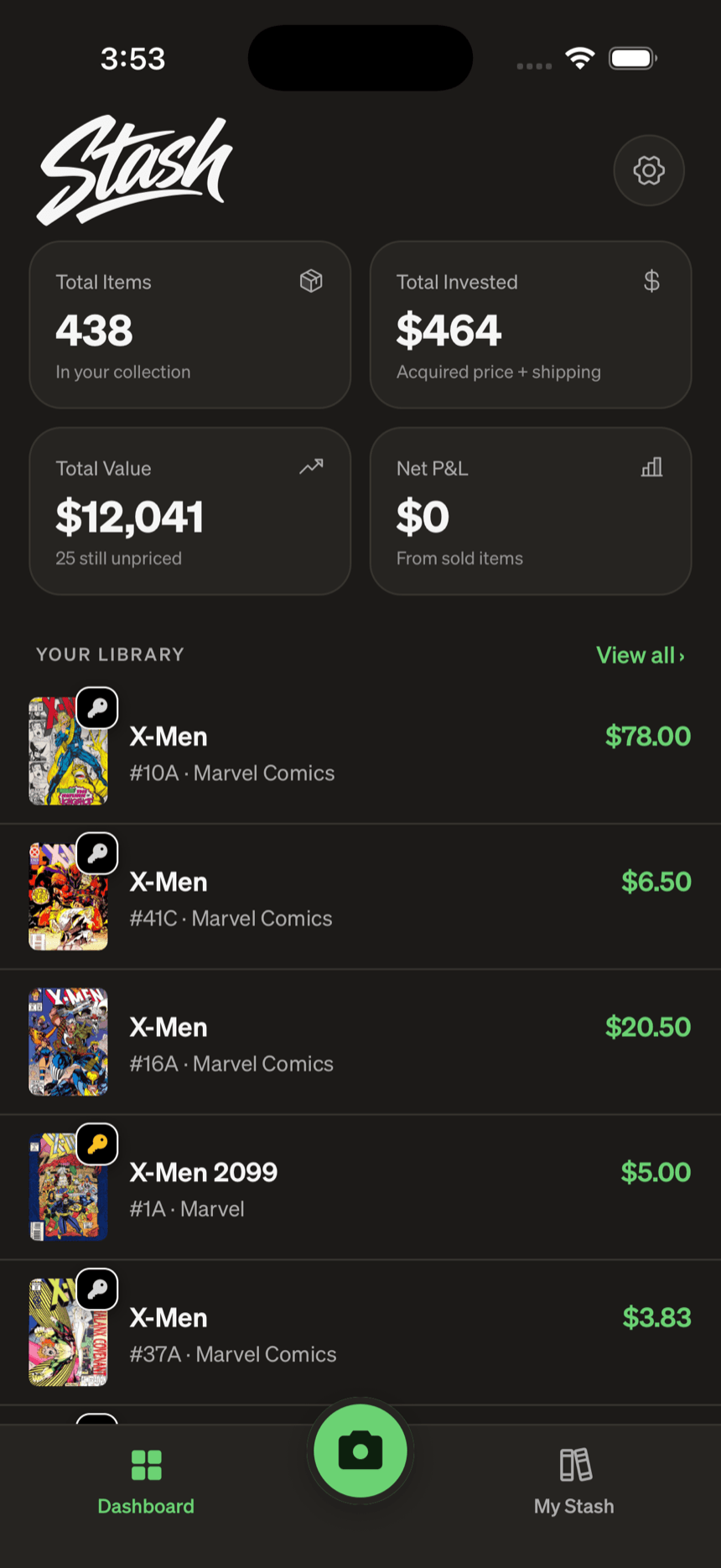 The Stash iOS dashboard: 438 items in the collection worth $12,041, with a library of priced comics and one-tap camera scanning
